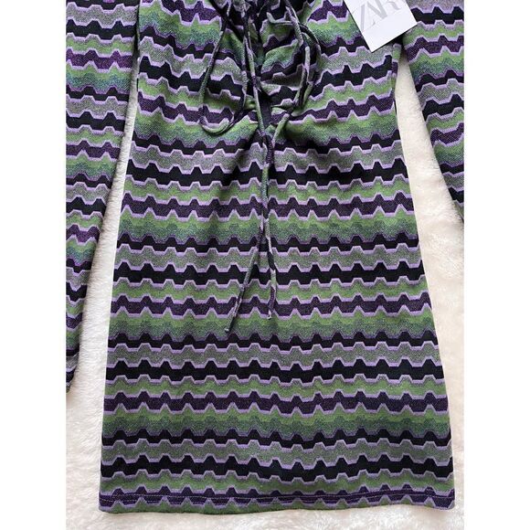NWT Zara Retro Purple & Green Metallic Cutout Long Sleeve Mini Dress - Picture 9 of 15